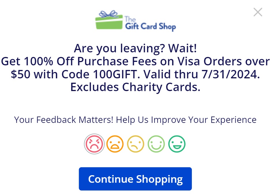 TheGiftCardShop exit intent popup