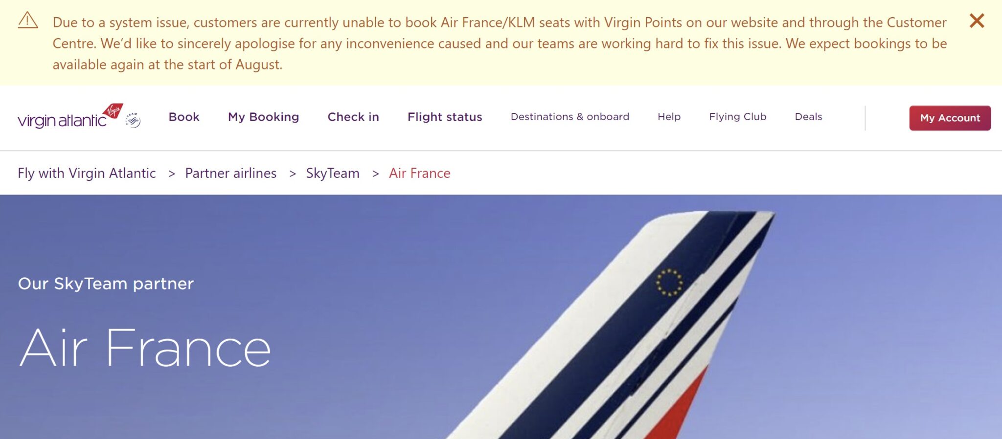 Virgin Flying Club cannot book rewards with Air France or KLM; it is “expected” to work again “in early” August 2024