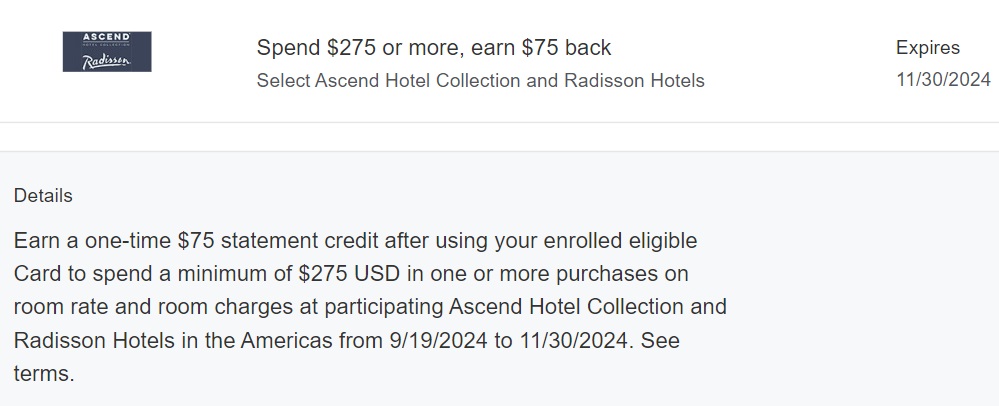 Choice Hotels Ascend Radisson Amex Offer spend $275 get $75