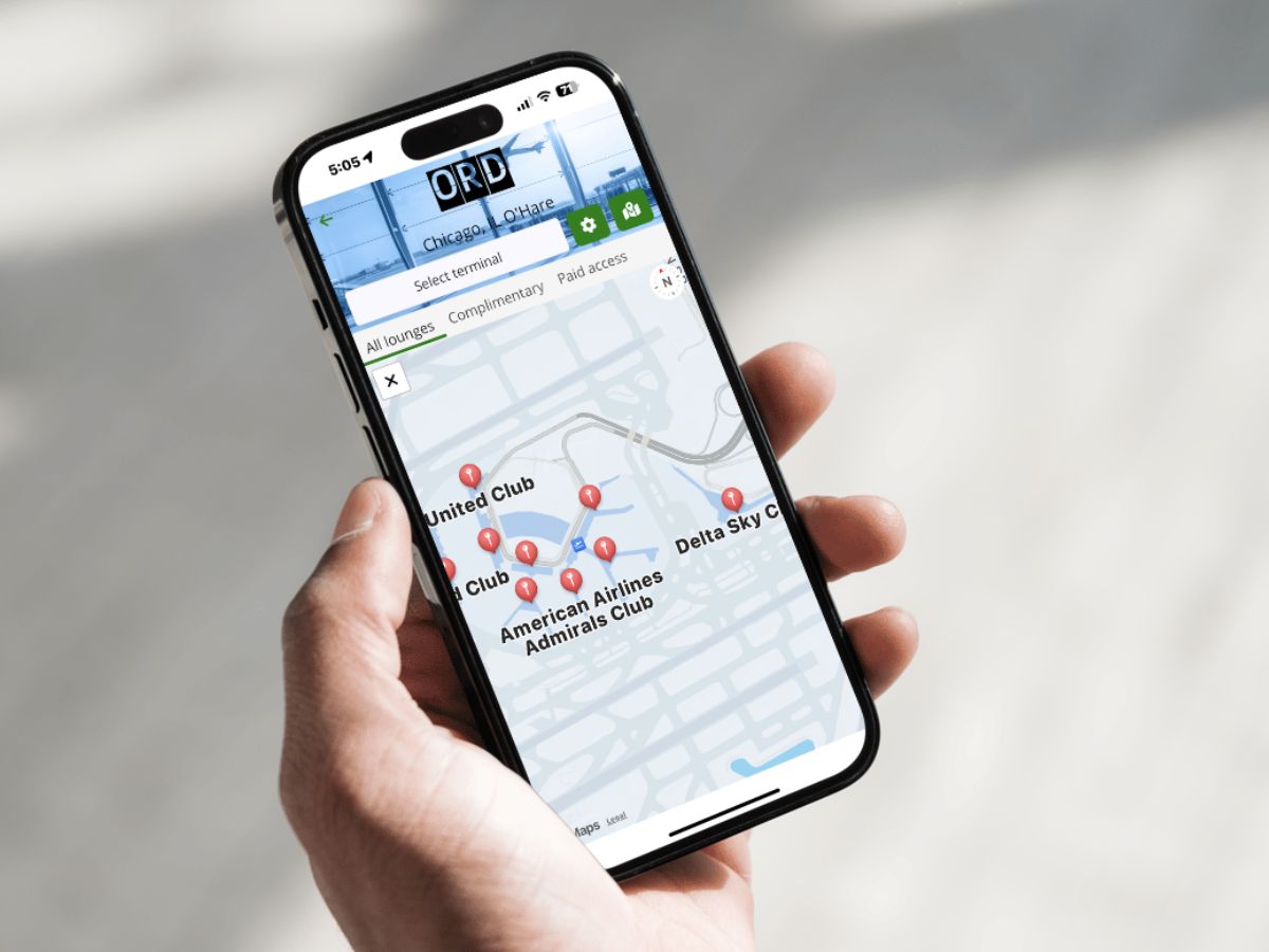 Cell phone showing LoungeReview app looking at airport ORD (Chicago) map