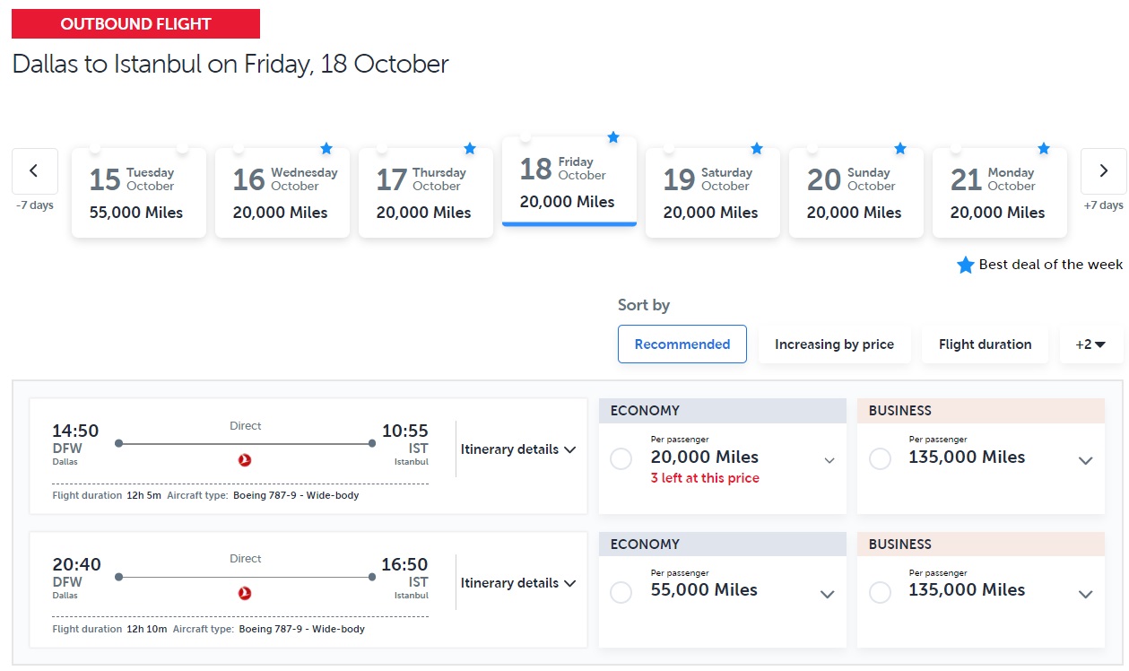 Turkish Airlines 20,000 miles Dallas Istanbul