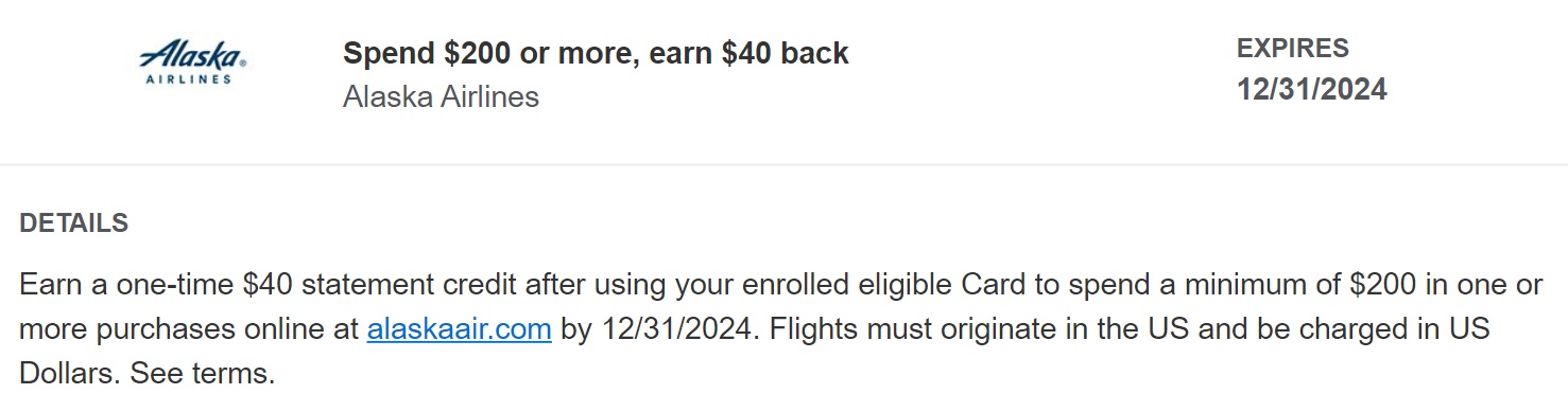 Alaska Airlines Amex Offer spend $200 get $40