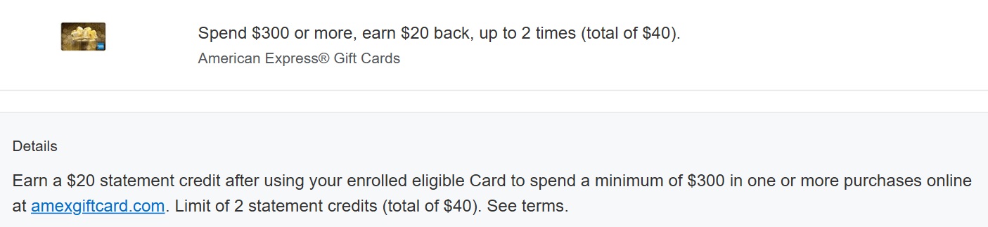 American Express gift cards Amex Offer spend $300 get $20