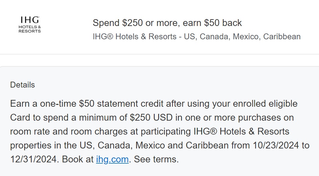 IHG Amex Offer spend $250 get $50