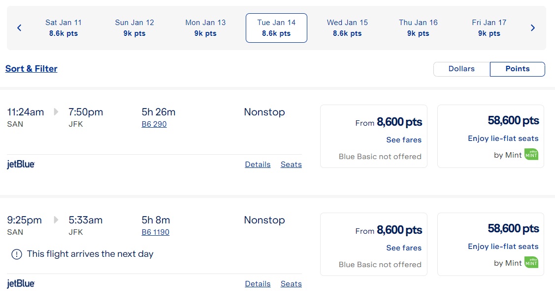 Jetblue 20% off award sale SAN-JFK