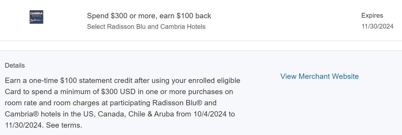 Radisson Blu Cambria Amex Offer spend $300 get $100