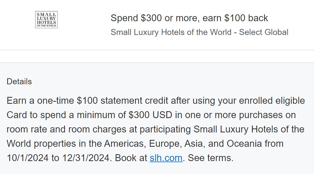 Small Luxury Hotels of the World SLH Amex Offer