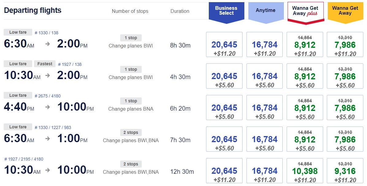 Southwest week of WOW promo code SAVEWOW ORF-ORD award prices