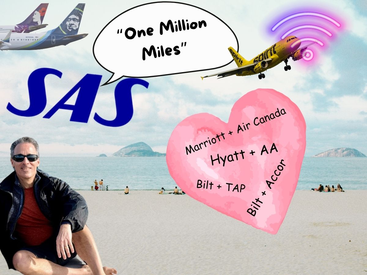 Image shows Greg sitting on beach with miscellaneous points and miles stuff happening in the background