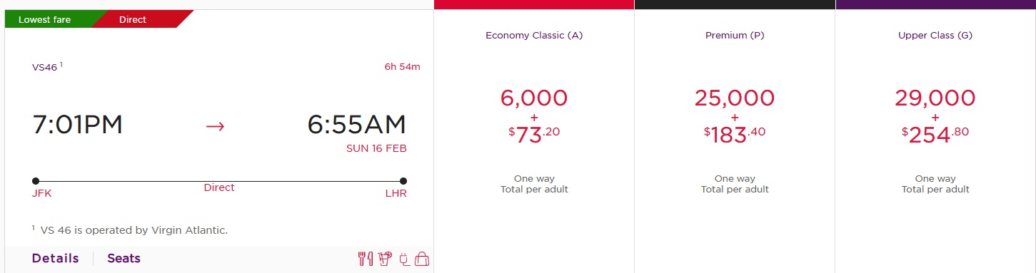 Virgin Atlantic JFK-LHR February 2025 award pricing