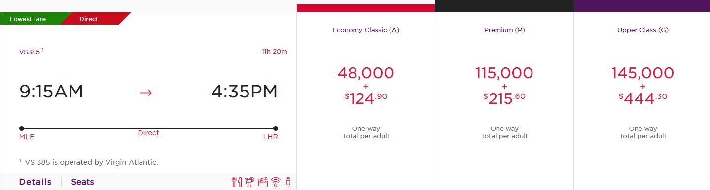 Virgin Atlantic MLE-LHR April 2025 pricing