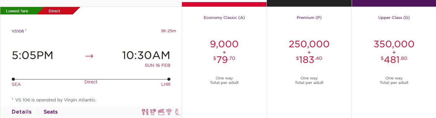 Virgin Atlantic SEA-LHR February 2025 pricing