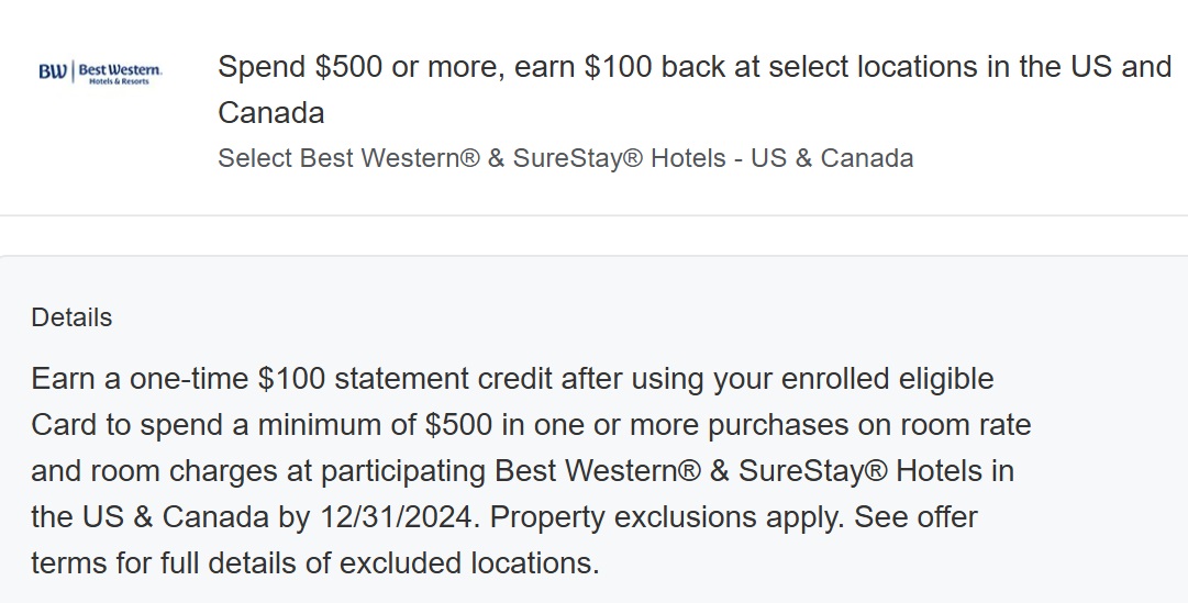 Best Western SureStay Amex Offer spend $500 get $100