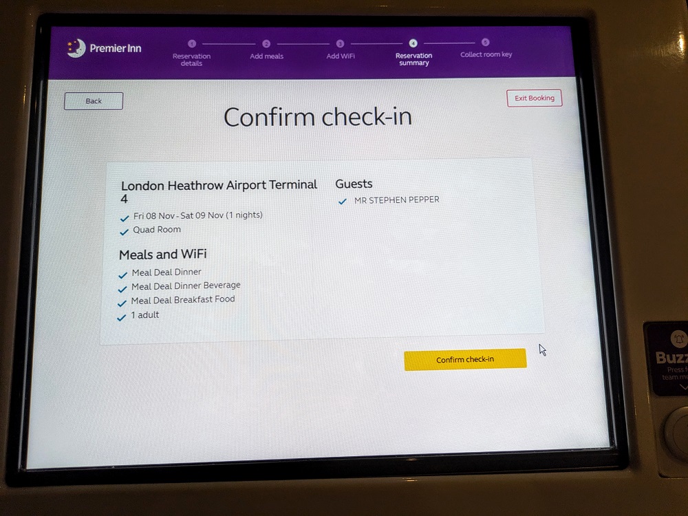 Premier Inn London Heathrow Terminal 4 - Self check-in screen