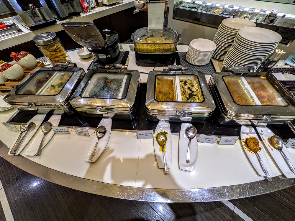 Some of the hot food options at the Ambassador Transit Lounge (part of Priority Pass) at Singapore Changi airport