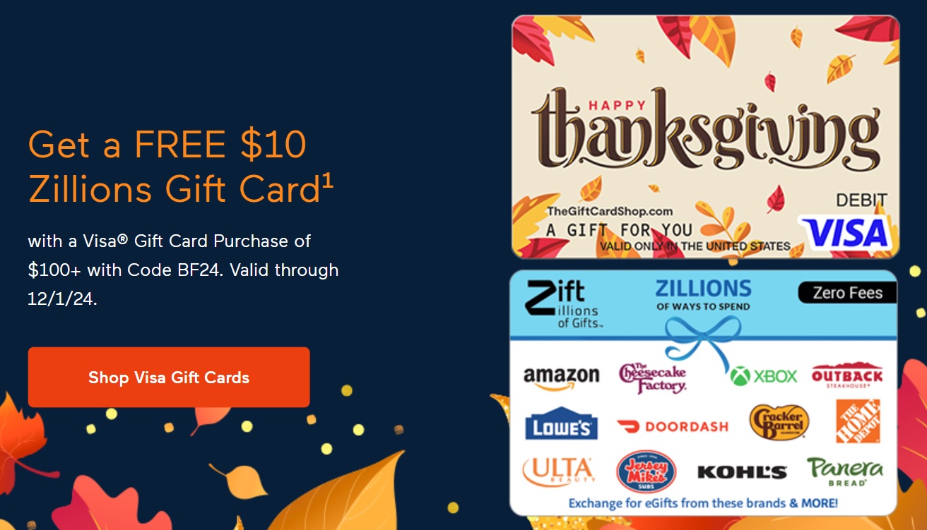 TheGiftCardShop Vanilla Visa Zift Zillions gift cards deal promo code BF24