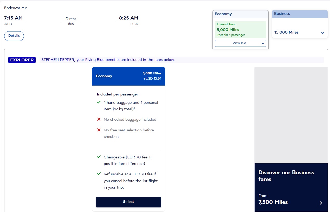 Flying Blue Delta ALB-LGA 3,000 miles business 7.5k miles