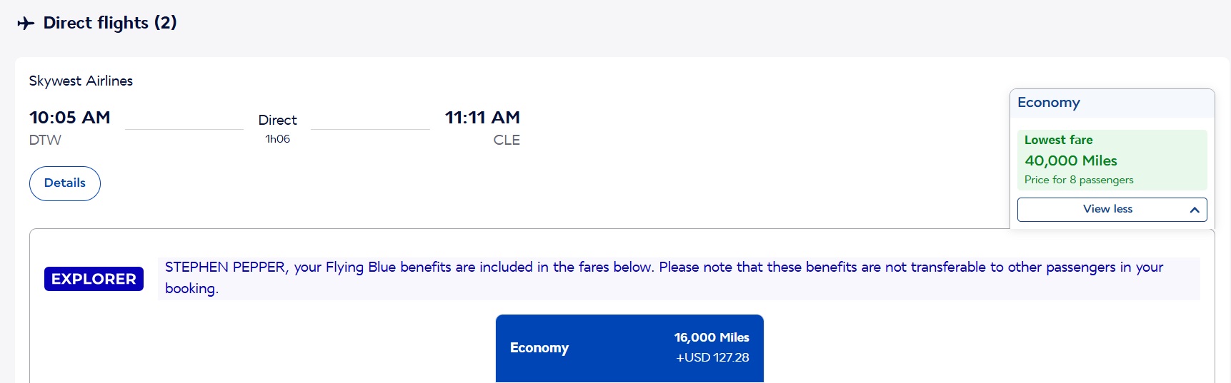 Flying Blue Delta DTW-CLE pricing for 8 people