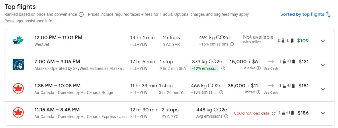 Some of the flight options from FLL-YLW on January 14