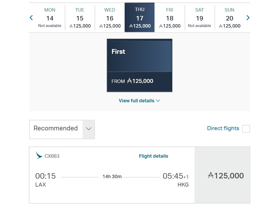 Cathay Pacific first class availability