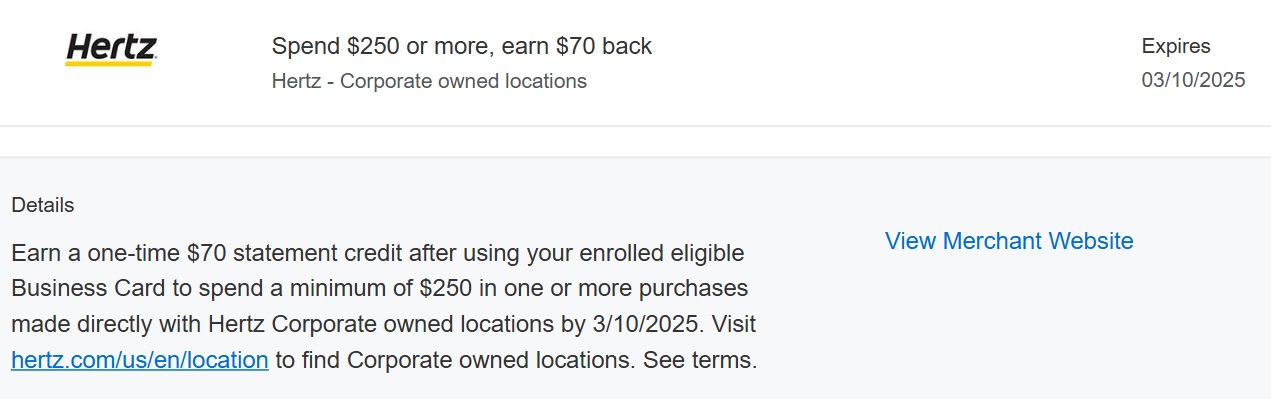 Hertz Amex Offer spend $250 get $70
