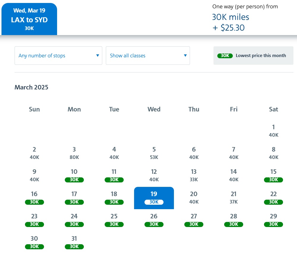 American Airlines award sale to Australia - availability from LAX