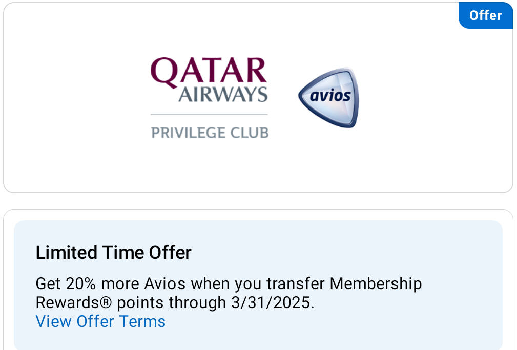 American Express Qatar Airways Avios transfer bonus