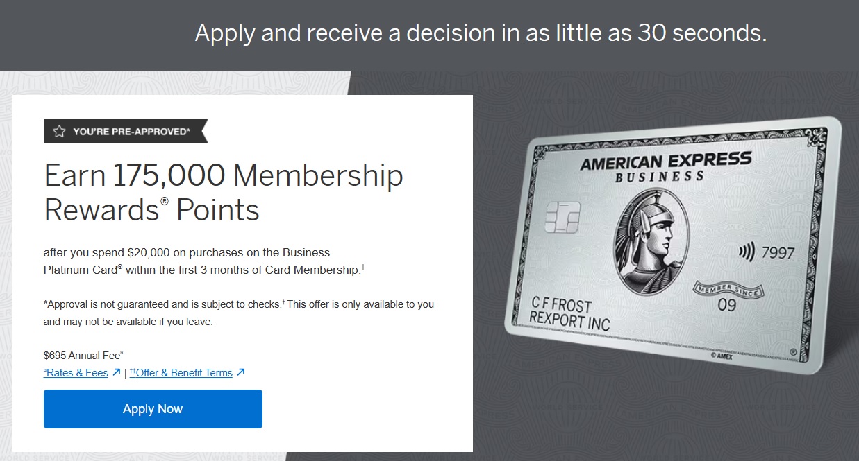 Amex Business Platinum NLL 175,000 point offer