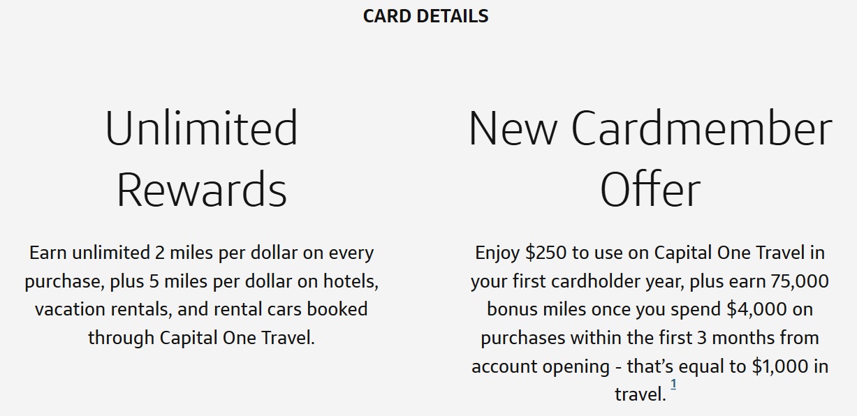 Capital One Venture Rewards 75,000 miles + $250 travel credit