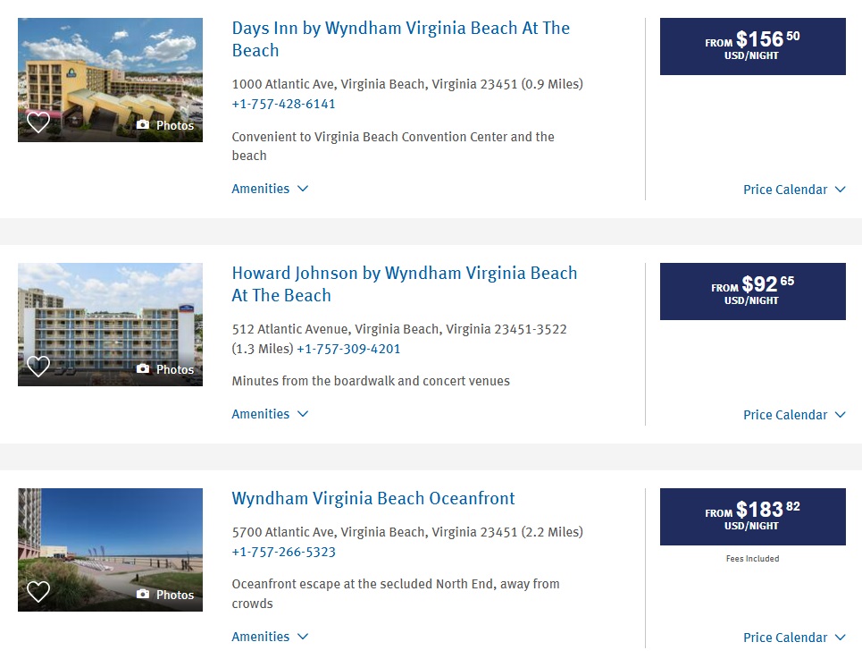 Finding Wyndham Rewards price calendar