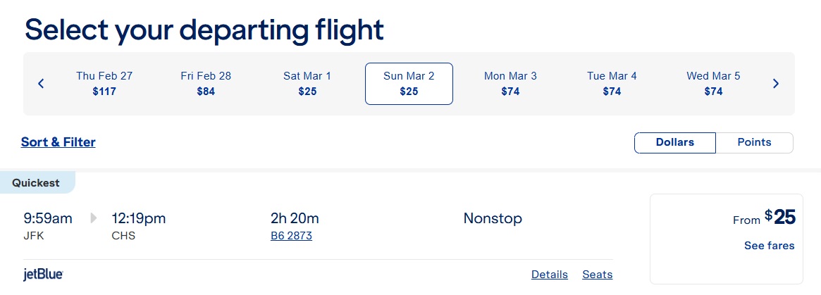 JetBlue $25 airfare sale JFK-CHS