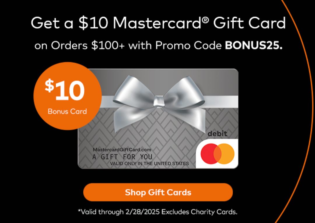 MastercardGiftCard.com promo: Buy $100 gift card & get $10 gift card free with promo code BONUS25