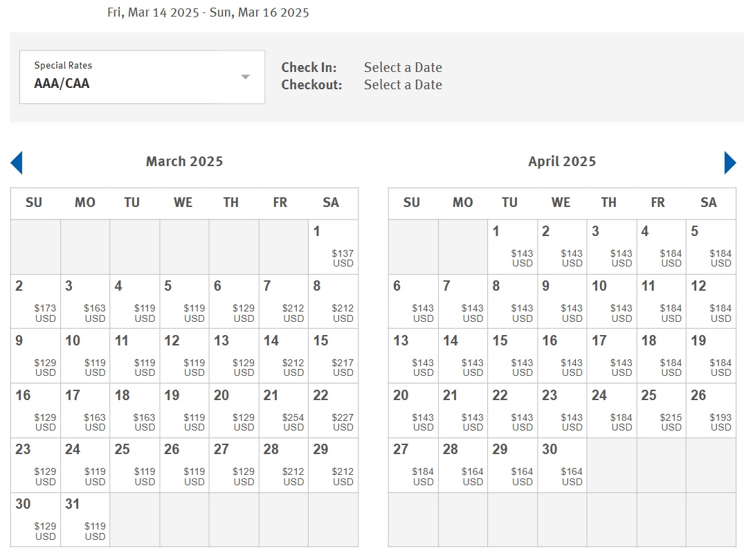 Wyndham Rewards price calendar - AAA rate