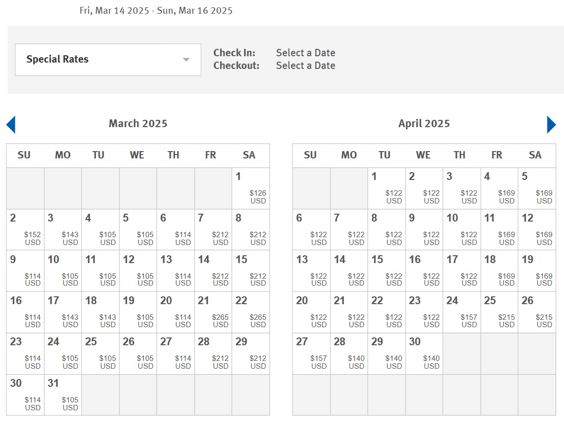 Wyndham Rewards price calendar