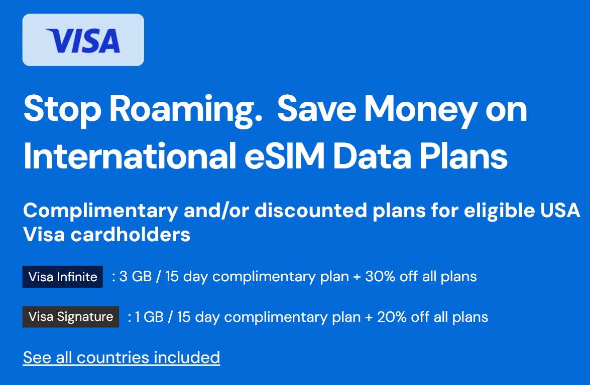 Get GigSky 15 day international data plan free w/ Visa Infinite & Signature cards + 10% off plans with a promo code