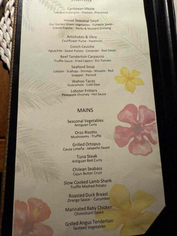 Menu (Hermitage Bay Hotel)