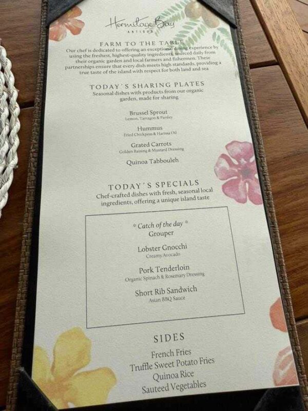 Menu (Hermitage Bay Hotel)
