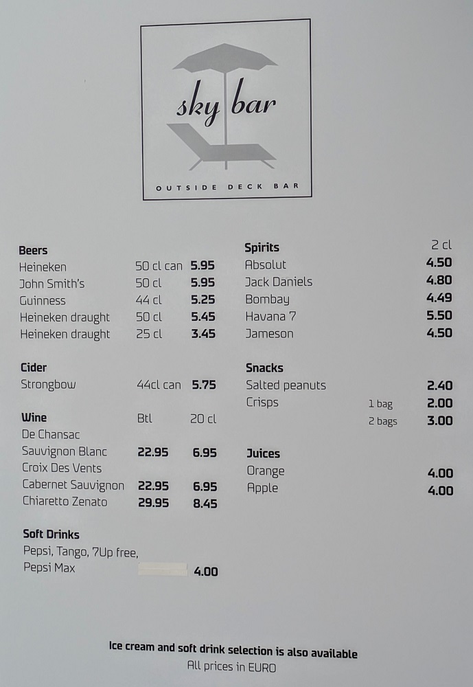 DFDS ferry Amsterdam to Newcastle - Sky Bar pricing