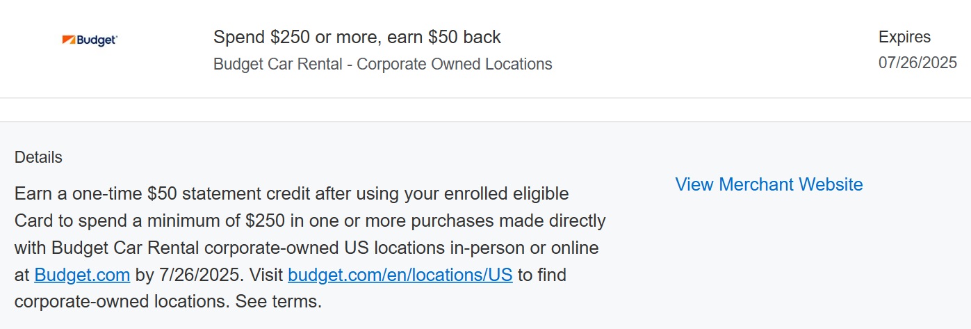 Budget Amex Offer spend $250 get $50