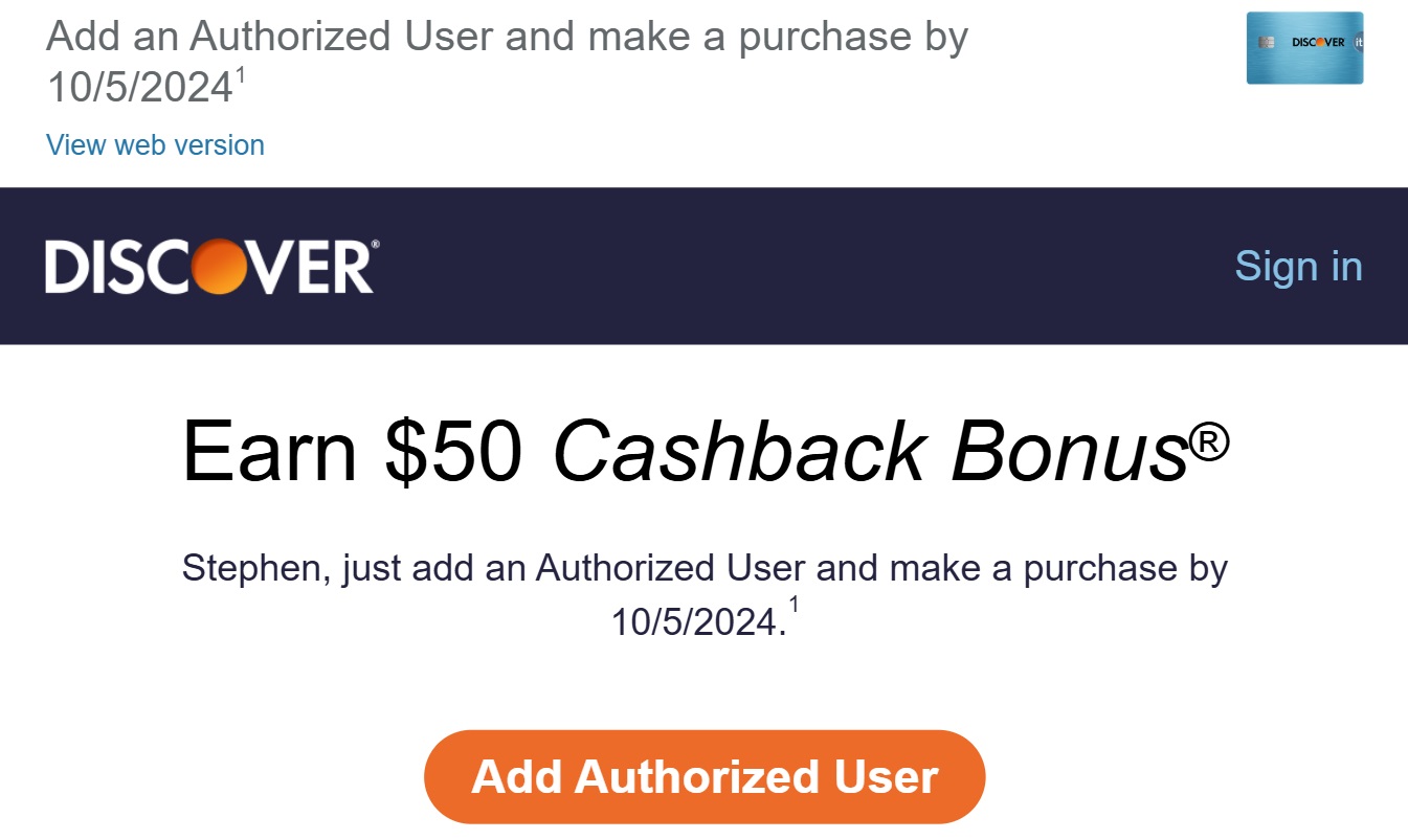 Discover card $50 bonus authorized user
