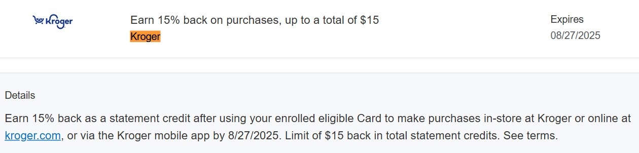 Kroger Amex Offer 15% back up to $100 spend