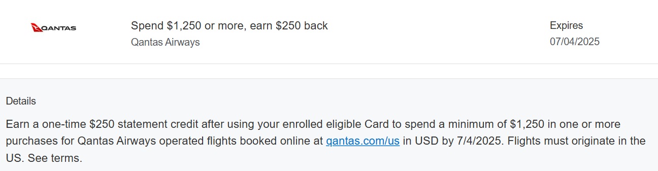 Qantas Amex Offer spend $1,250 get $250