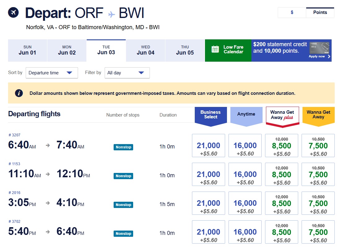 Southwest sale up to 30% off promo code SUNNY30 ORF-BWI Rapid Rewards points