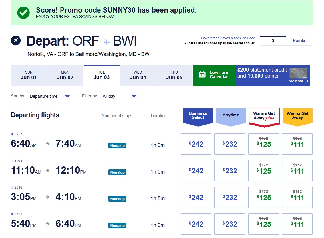 Southwest sale up to 30% off promo code SUNNY30 ORF-BWI