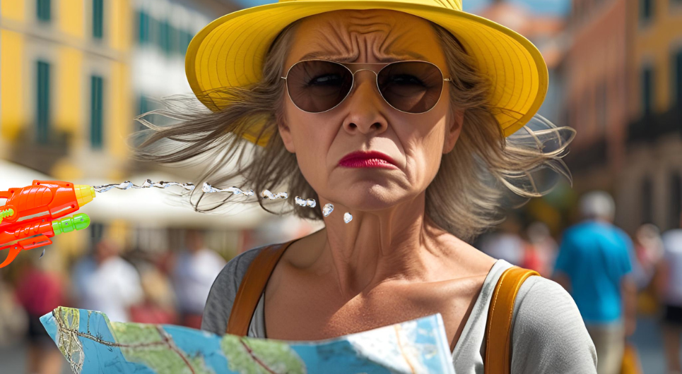 tourists squirt with water guns