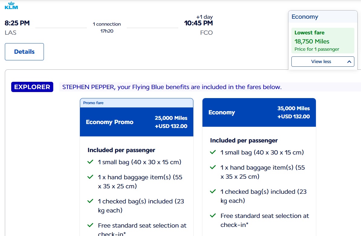 Flying Blue Promo Rewards June 2025 Las Vegas to Rome incorrect pricing