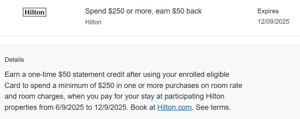 Hilton Amex Offer spend $250 get $50