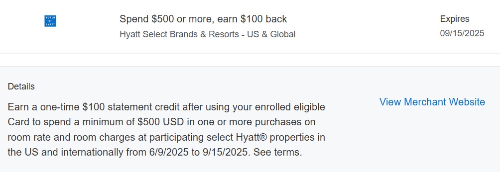Hyatt Amex Offer spend $500 get $100