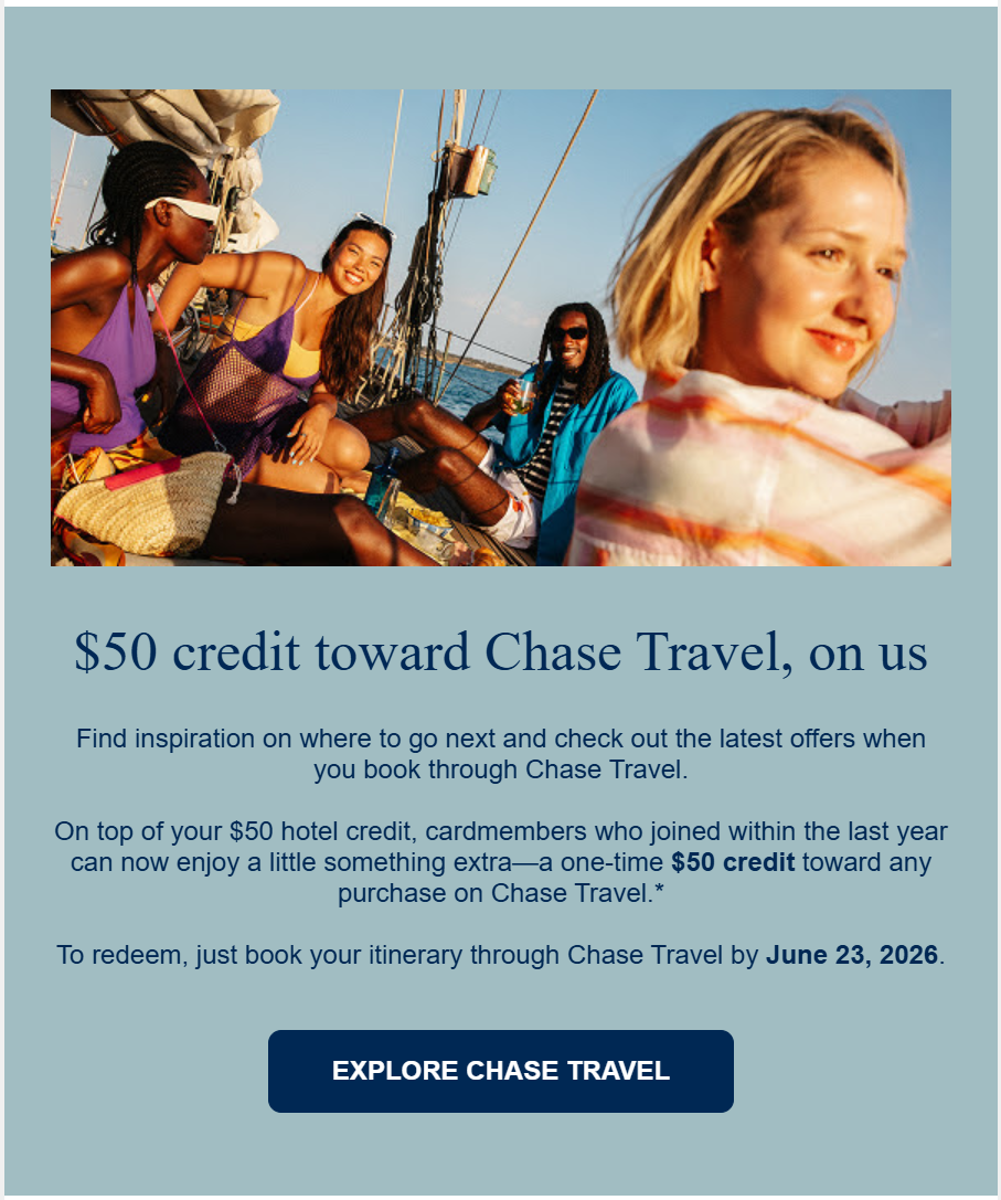 $50 travel credit for recent (pre-6/23) Chase Sapphire Preferred cardholders