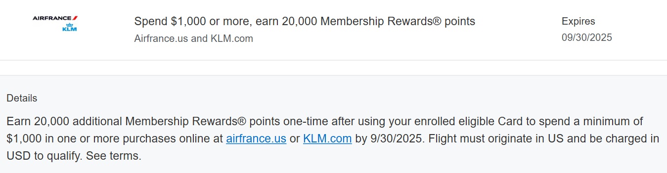 Air France KLM Amex Offer spend $1,000 get 20,000 Membership Rewards